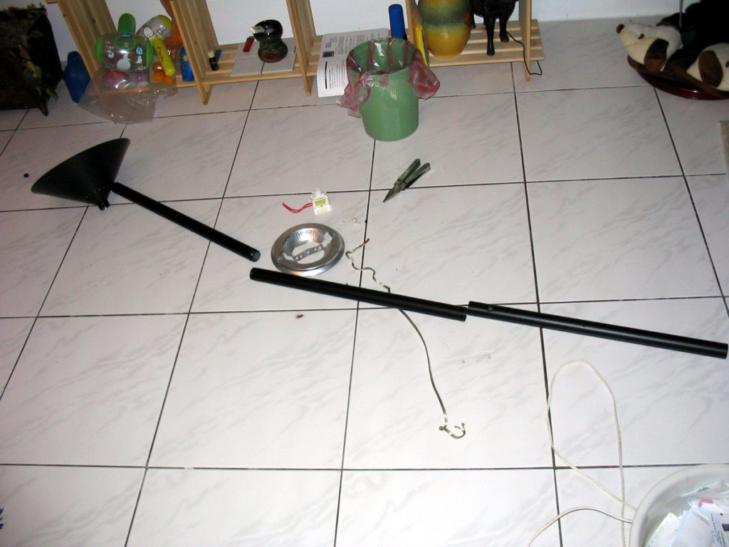 Old halogen floor lamp that's going to become a windchime.